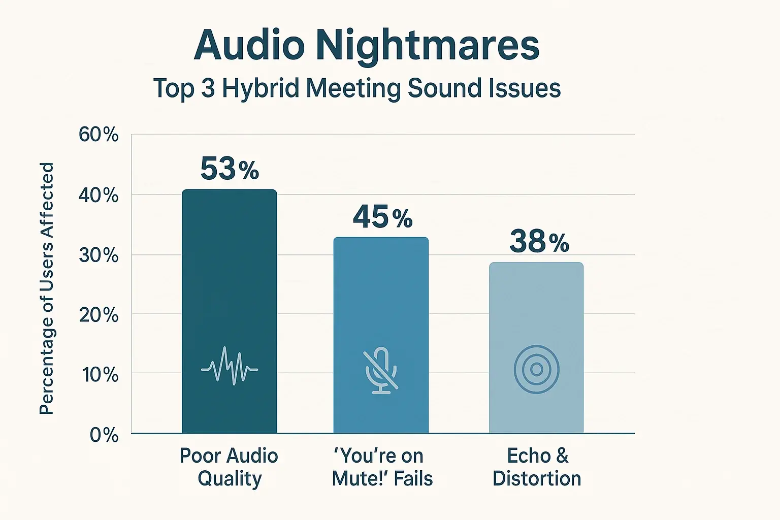 Bar chart: Top 3 sound-related nightmares in hybrid meetings: Echo (40%), Mute Fails (35%), Poor Audio Quality (25%).