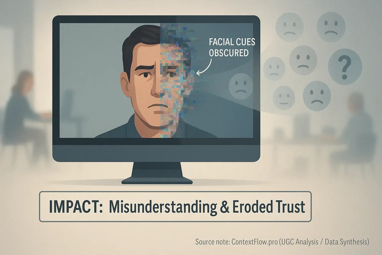 Infographic visualizing how video lag freezes faces, causing lost non-verbal cues & ineffective hybrid meetings.