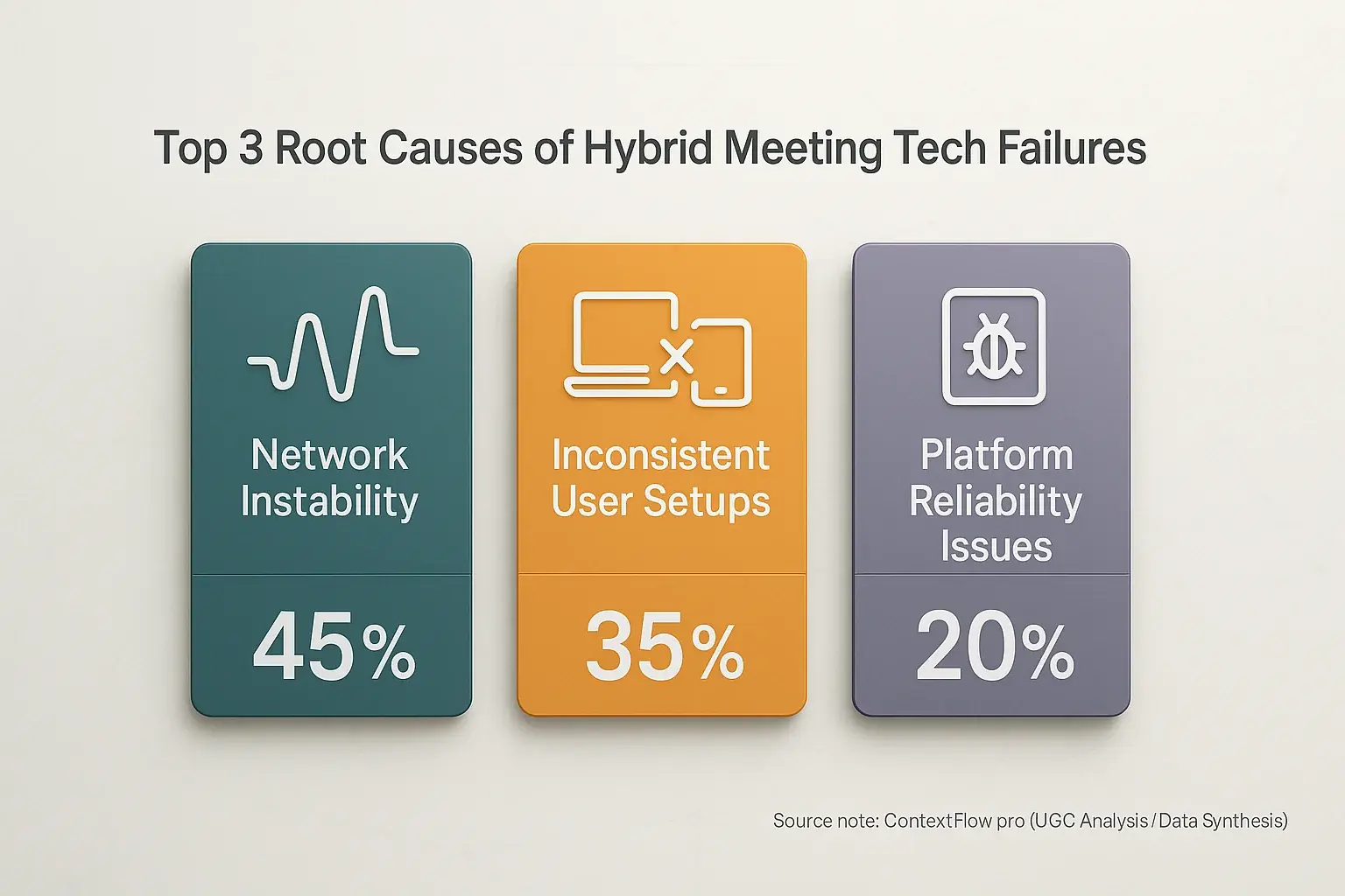 Infographic: Top 3 hybrid tech failure root causes: Network Instability, User Setups, Platform Bugs, by impact.
