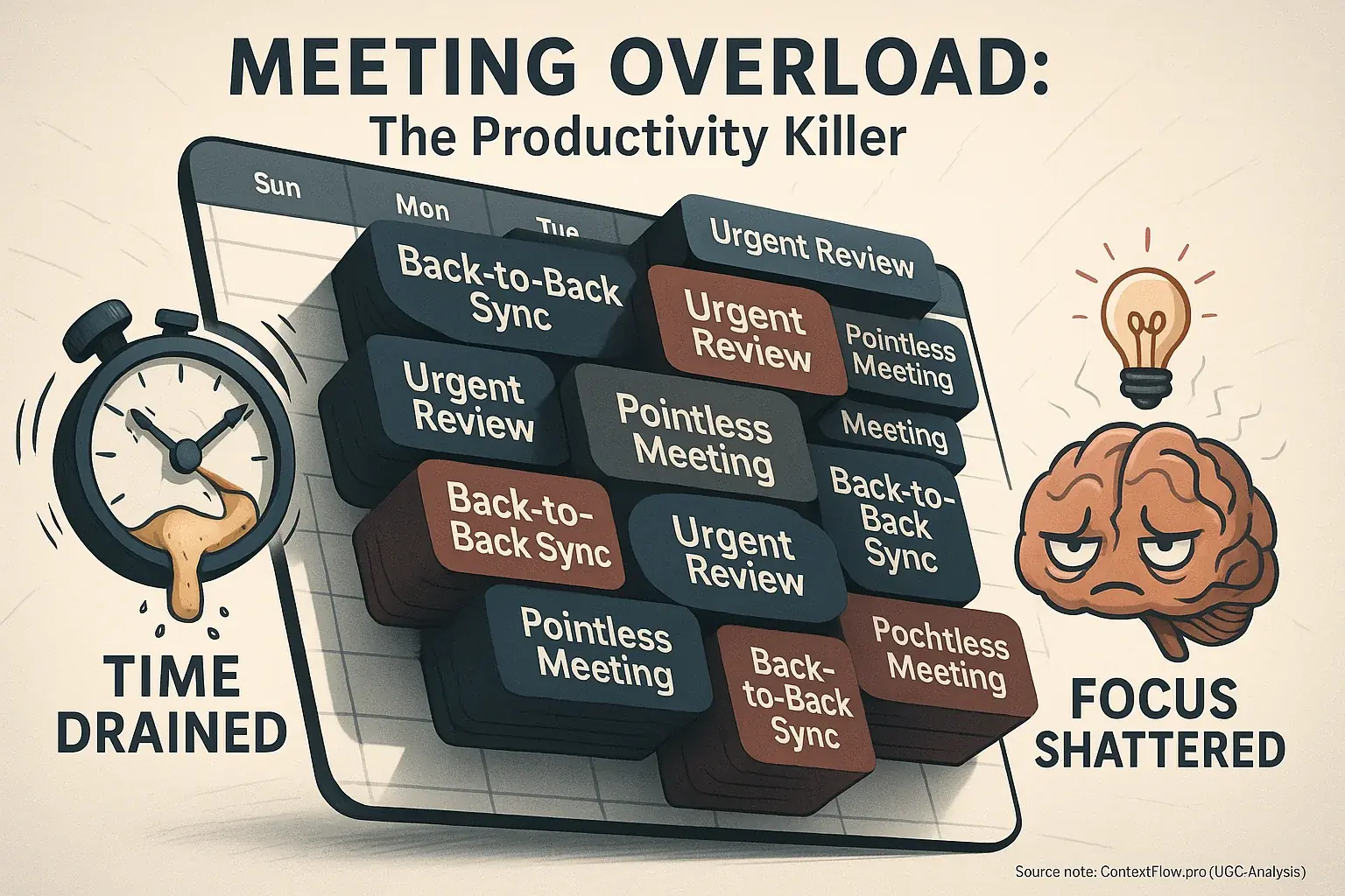 Overstuffed meeting calendar, draining clock & tired brain, visualizing overwhelm and lost time due to meetings.