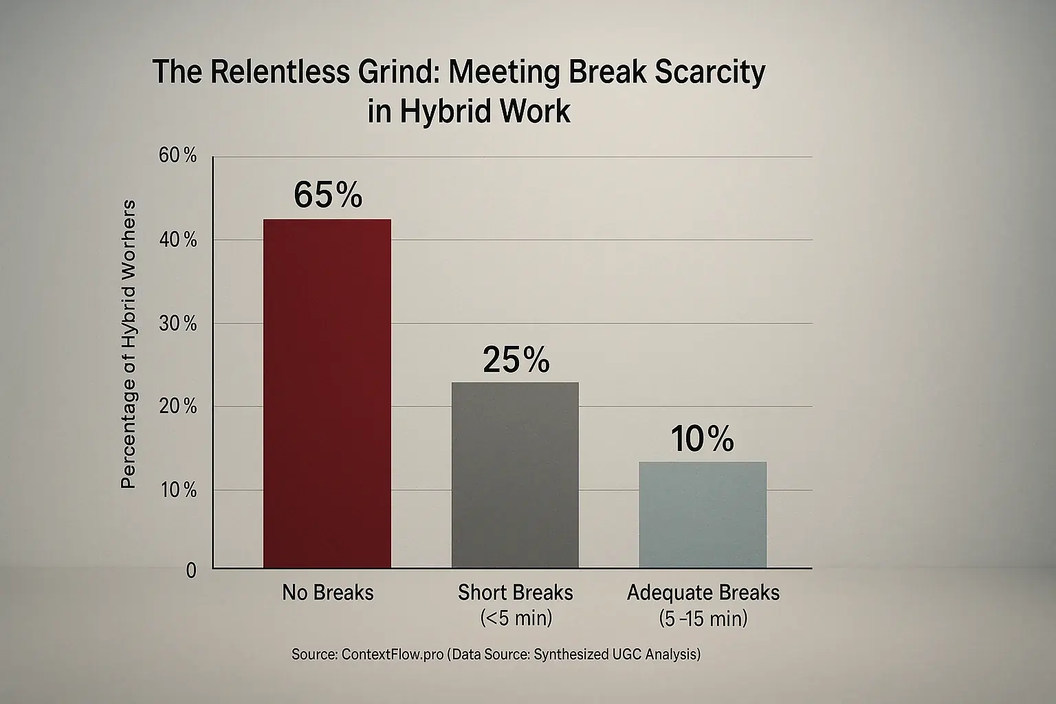 Bar chart: Hybrid work. Overwhelming majority report no breaks between meetings, few get short/adequate. Source: