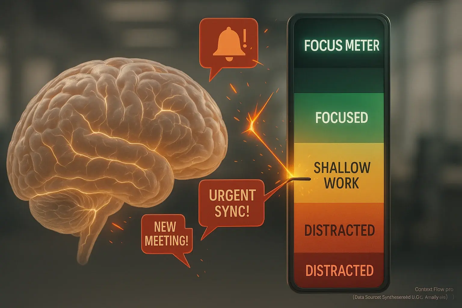 A brain's focus meter visibly drains with each meeting ping, preventing entry into a deep work state.