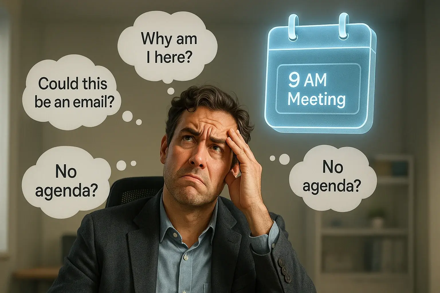 Frustrated person questions a calendar, with thoughts: 'Could this be an email?', 'Why am I here?', 'No agenda?'.