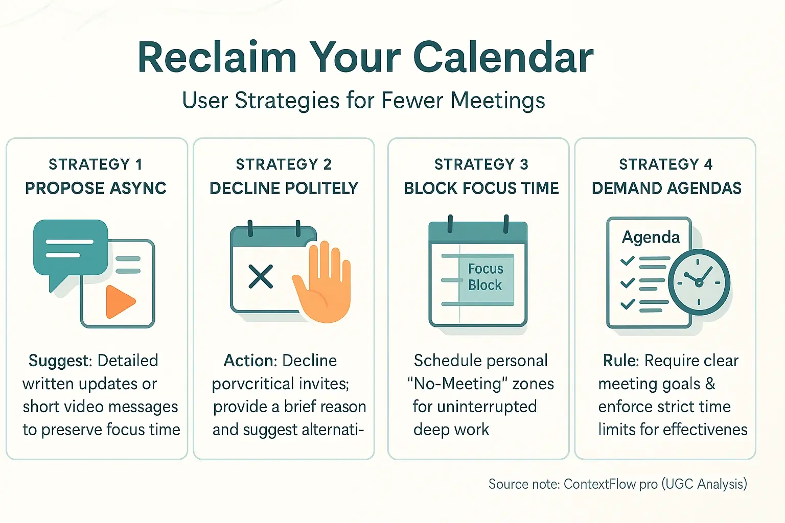 Checklist infographic: Strategies like 'Ask agenda' & 'Propose async' to cut meeting load. Source: ContextFlow.pro.