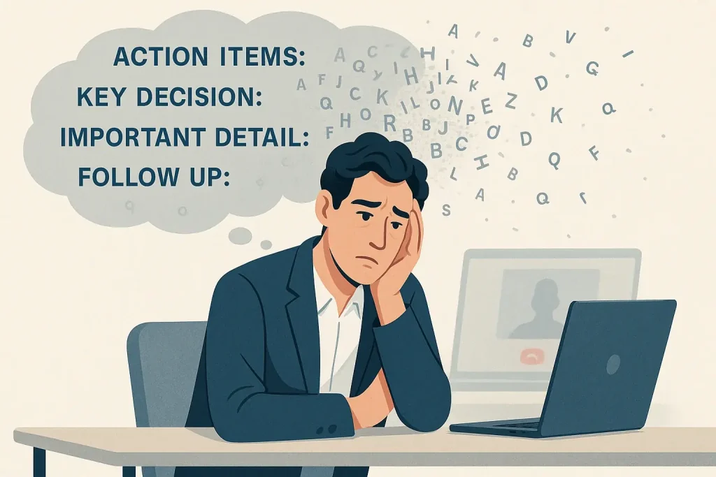 Confused person post-video call; thought bubbles show meeting details fragmenting, vanishing, illustrating 'Zoom amnesia'.