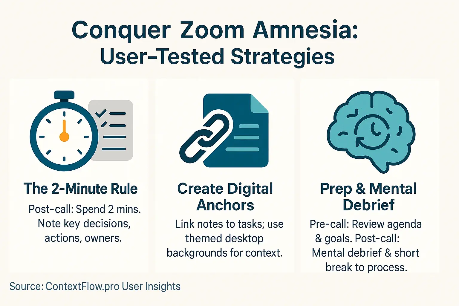 Infographic: User-tested strategies like '2-Minute Rule' & 'Visual Recaps' with icons & text to combat Zoom amnesia.