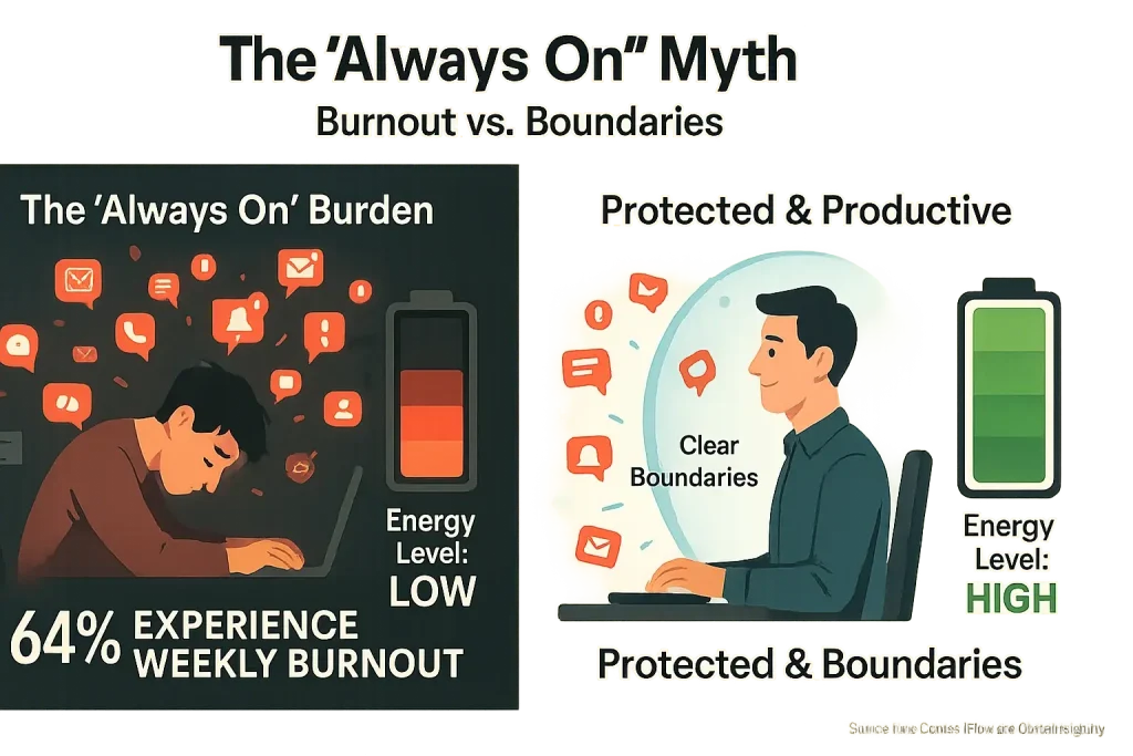 Infographic contrasting low energy from 'always on' pings with high energy from clear boundaries, showing burnout.