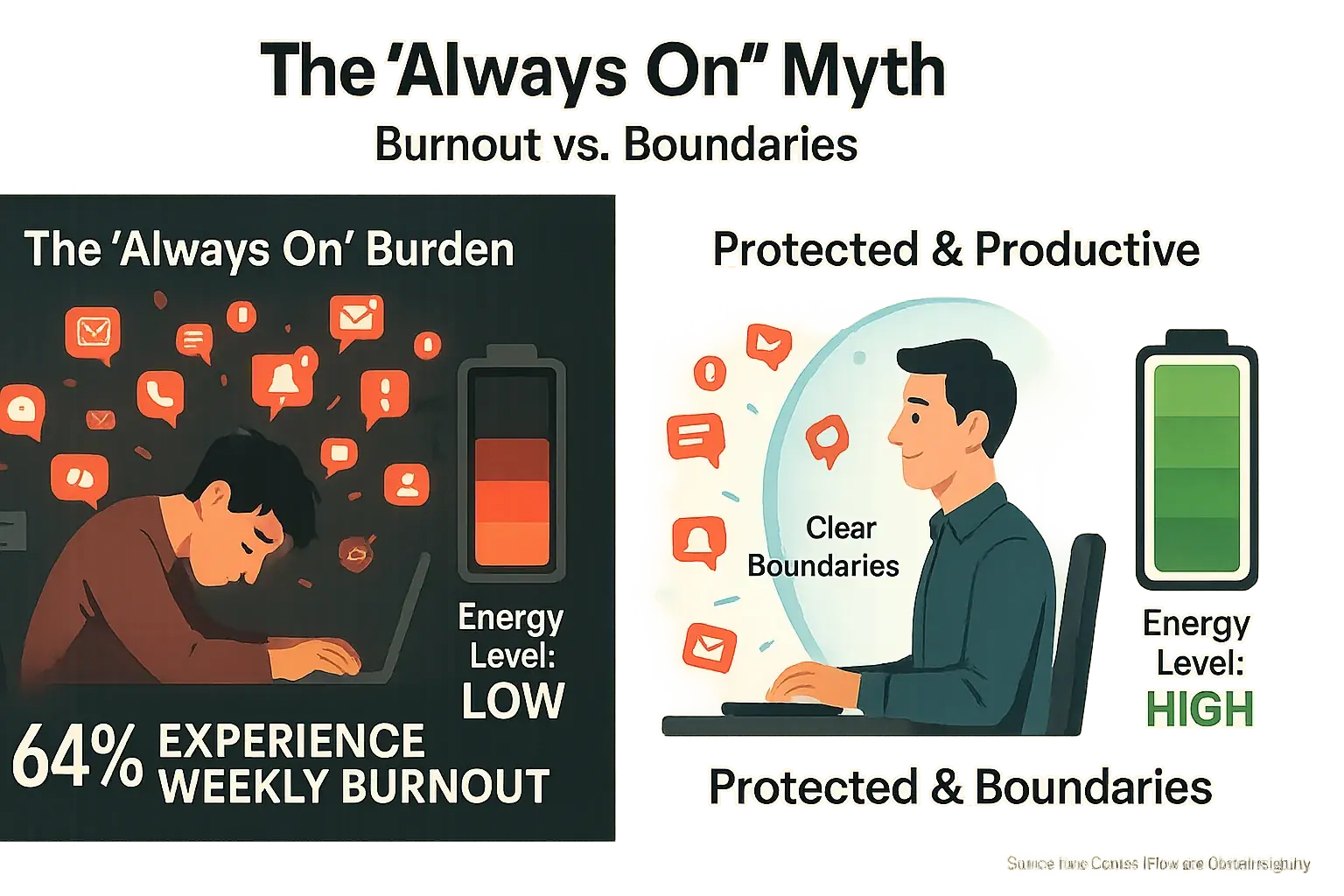 Infographic contrasting low energy from 'always on' pings with high energy from clear boundaries, showing burnout.