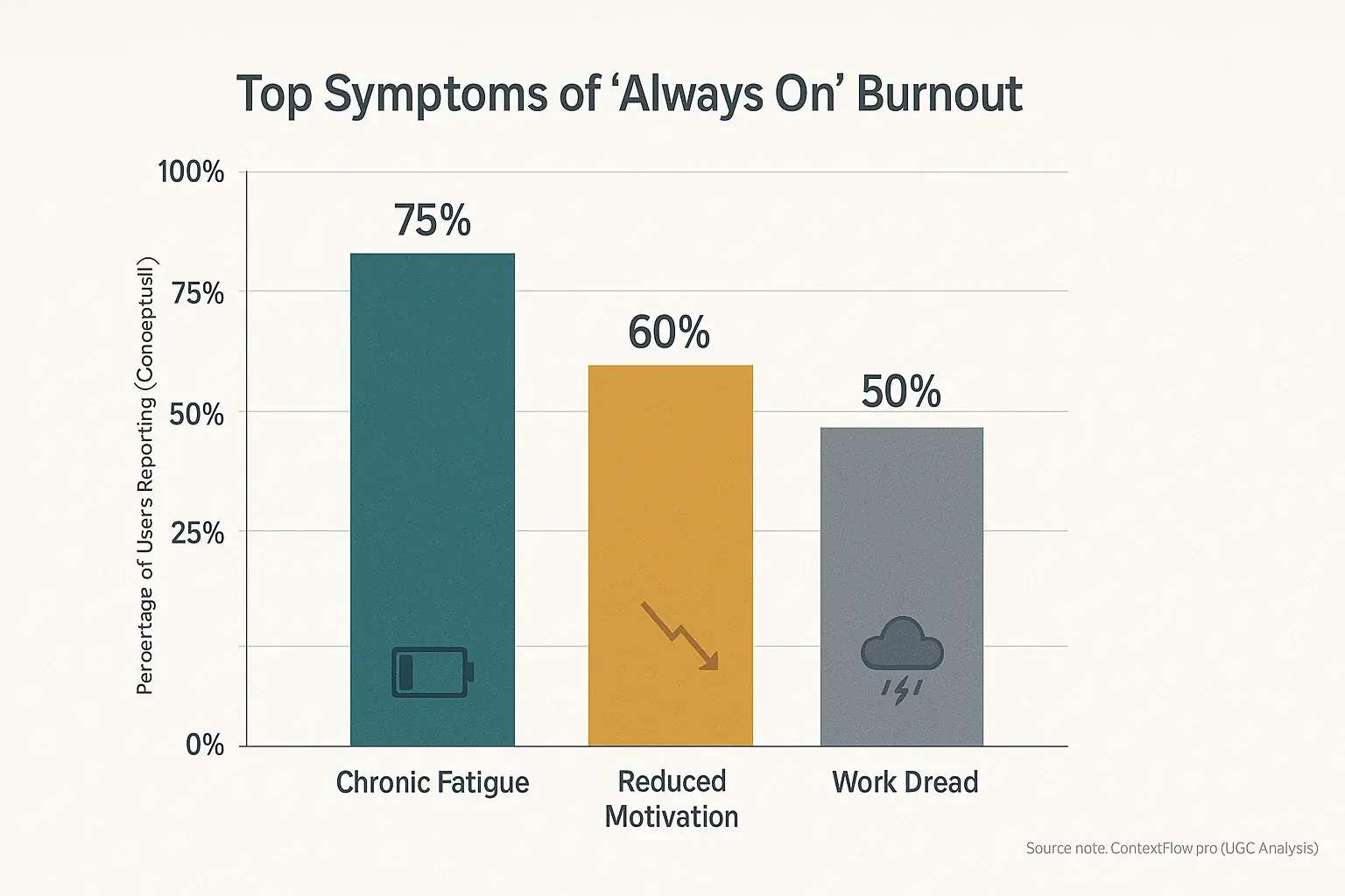 Bar chart: Top 3 user-reported burnout symptoms of constant availability: chronic fatigue, irritability, reduced motivation.