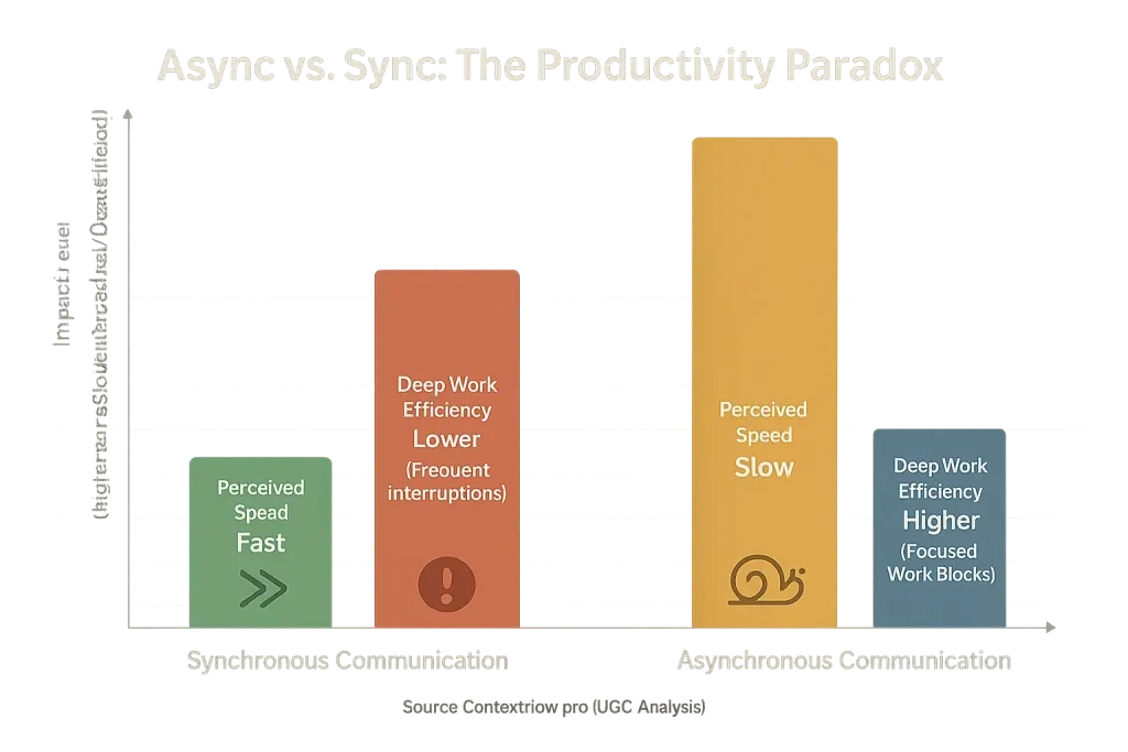 Bar chart: Users perceive sync as faster, yet async provides more actual time for efficient deep work.