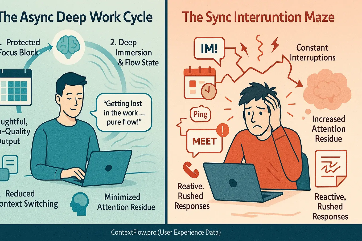 Infographic: Async Deep Work Cycle for hybrid teams, showing focus blocks vs sync interruptions, with user quotes on flow.