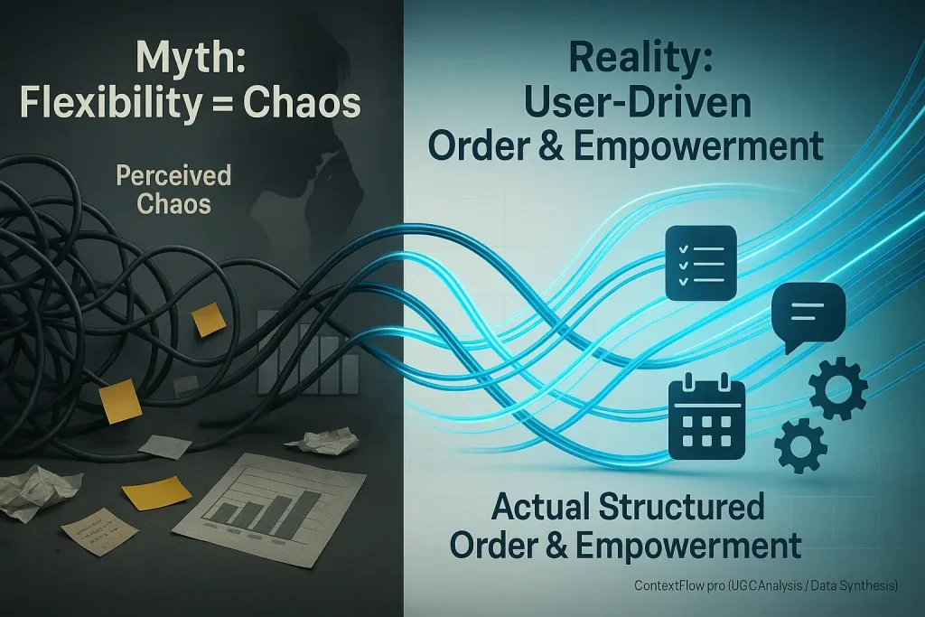 Infographic debunking hybrid chaos myth: tangled lines (perceived chaos) become organized lines (structured autonomy).
