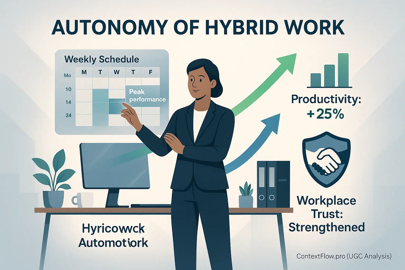 Infographic: Hybrid worker with control & freedom; arrows illustrate how autonomy boosts productivity & trust.