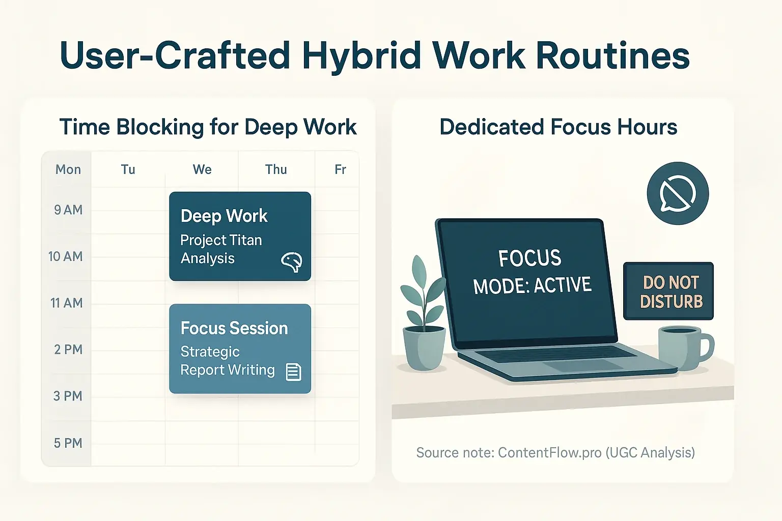 Infographic: User-built hybrid work routines like time blocking, visualized with calendar & DND sign, for taming flexibility.