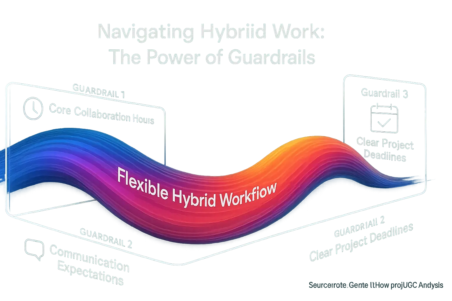 Conceptual infographic: Guardrails with icons (core hours, communication, deadlines) defining boundaries for fluid hybrid