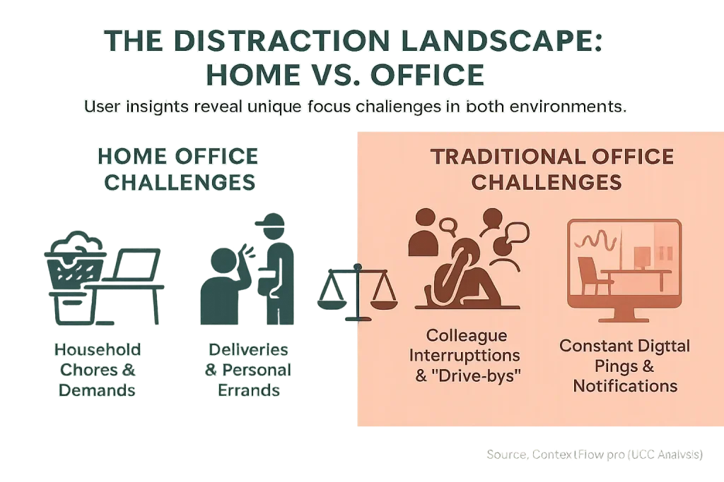 Split infographic: Home (chores, deliveries) vs. office (noise, interruptions) distractions, showing unique challenges for