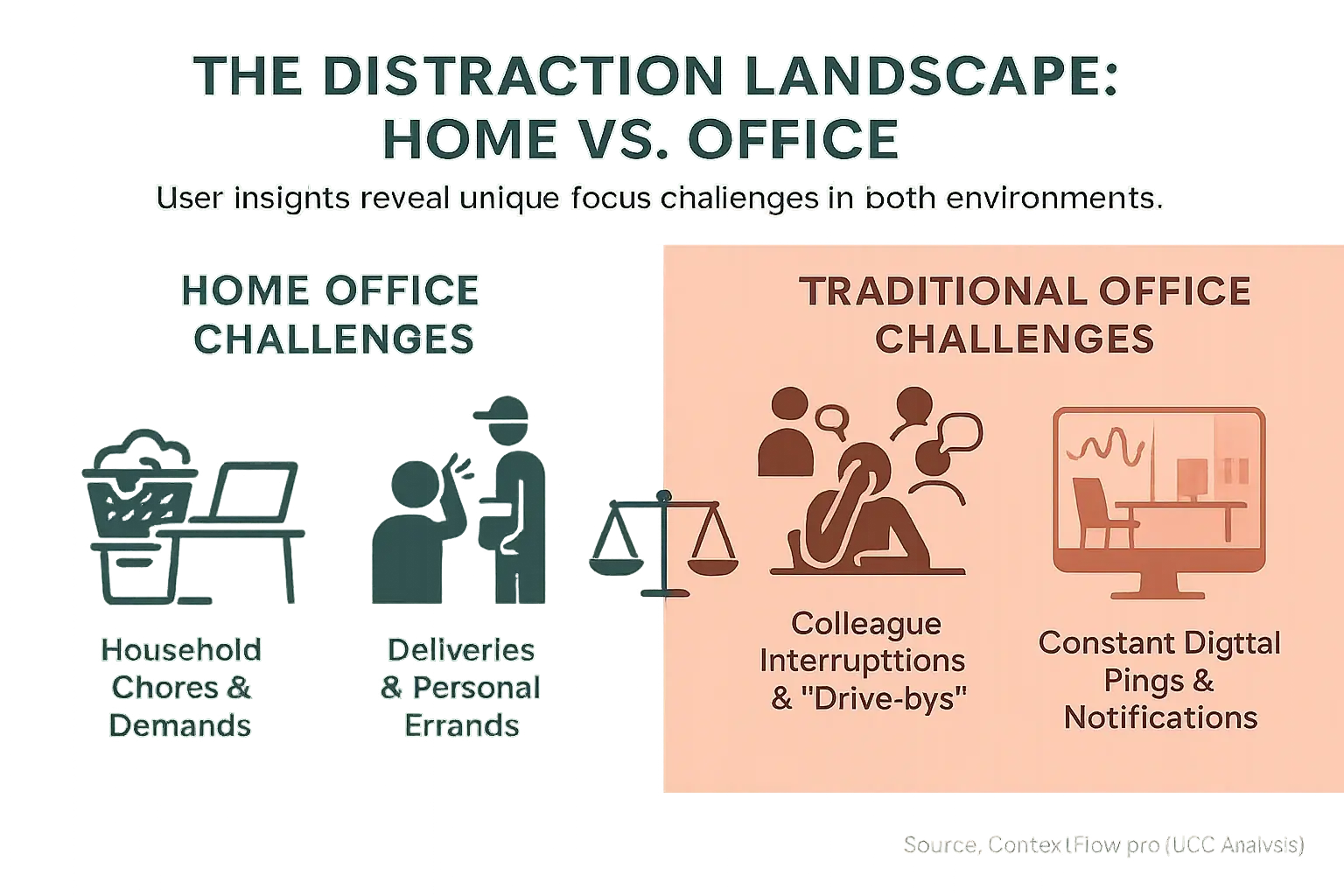 Split infographic: Home (chores, deliveries) vs. office (noise, interruptions) distractions, showing unique challenges for