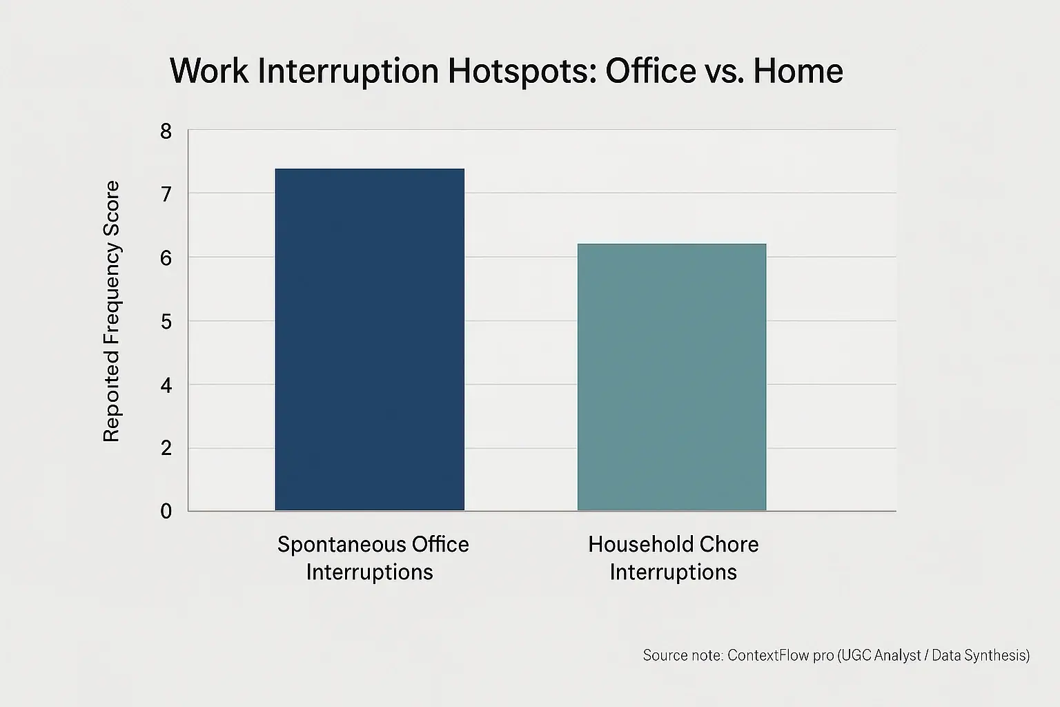 Bar chart: User-reported office 'spontaneous interruptions' surprisingly rival home 'household chores'.