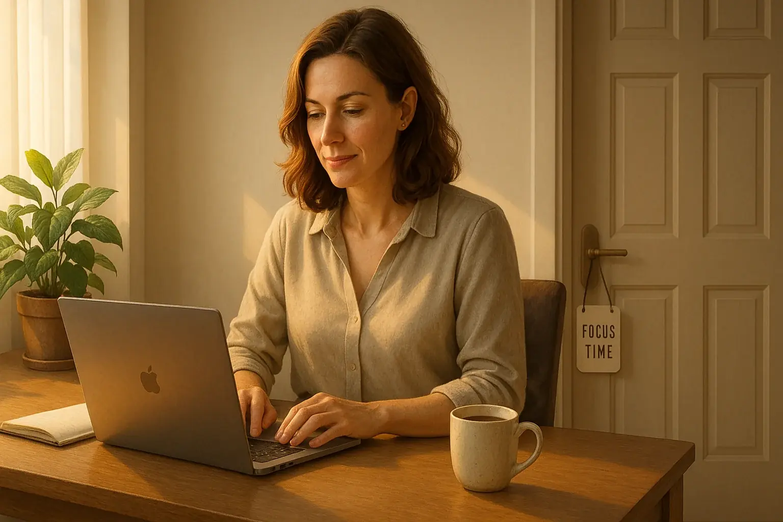 Person productively working in a serene home office, a closed door and 'Do Not Disturb' sign creating a focused sanctuary.