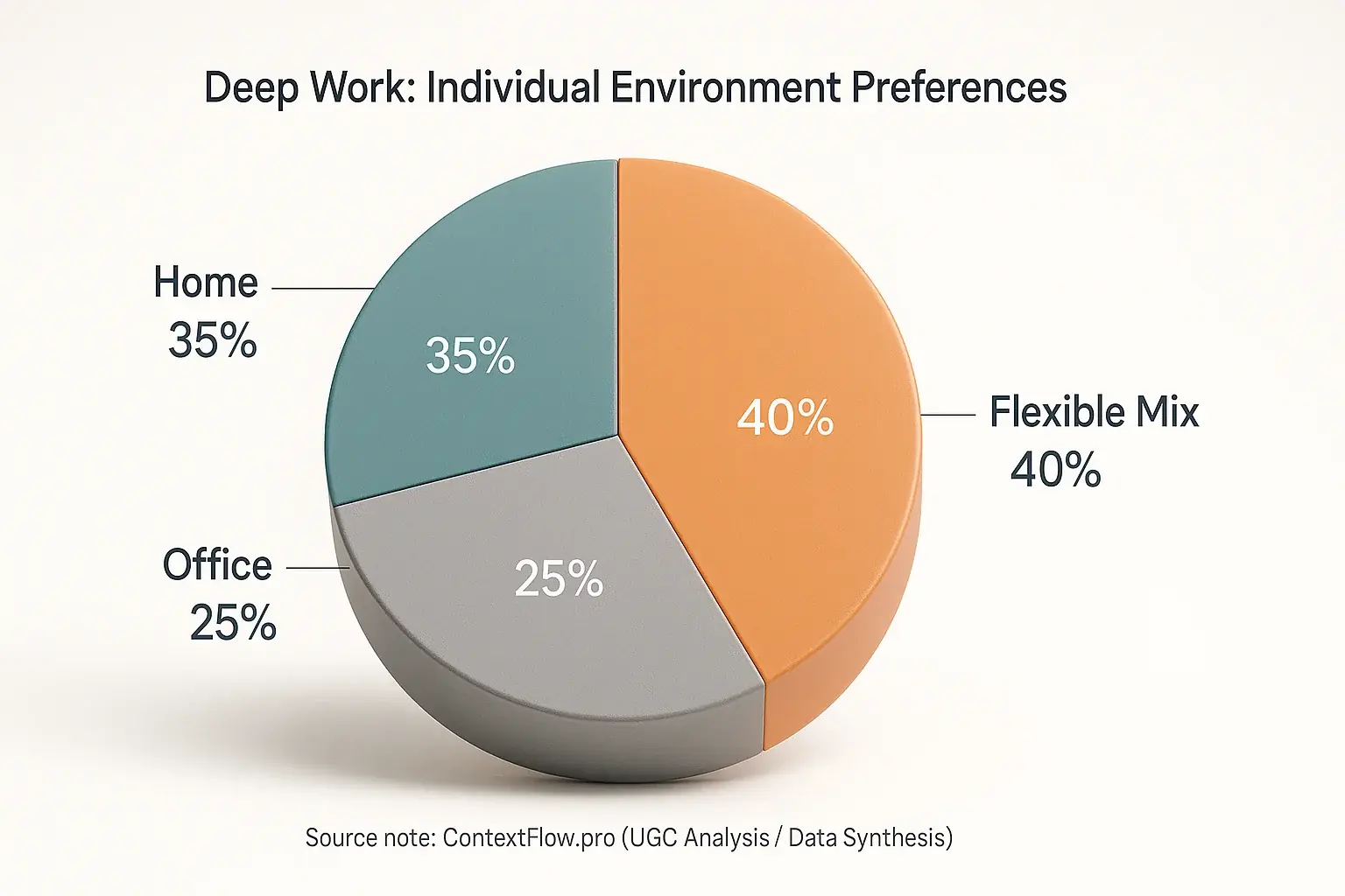 Pie chart: Distribution of user deep work preferences (home, office, flexible) shows varied individual focus needs.