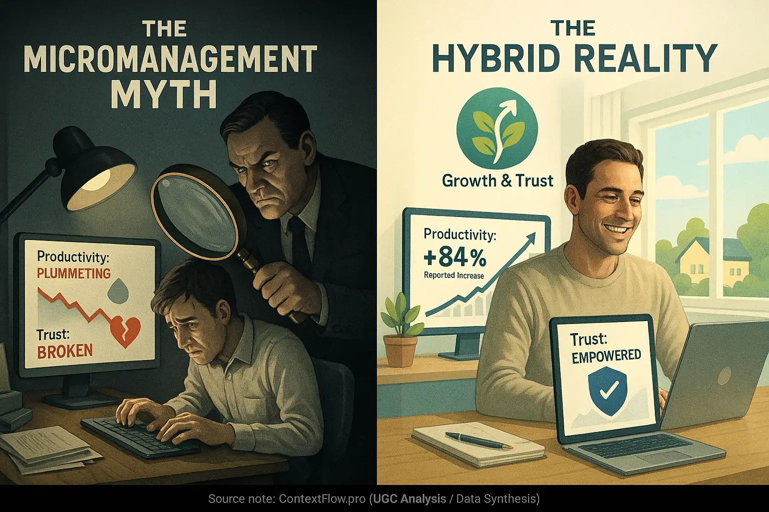 Infographic: Micromanagement (magnifying glass, stress) vs. trust (growth), illustrating how 'more oversight' backfires.