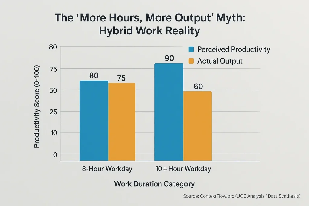 Bar chart: Perceived productivity rises with 10+ hours, but actual output drops, debunking the 'more hours, more output'