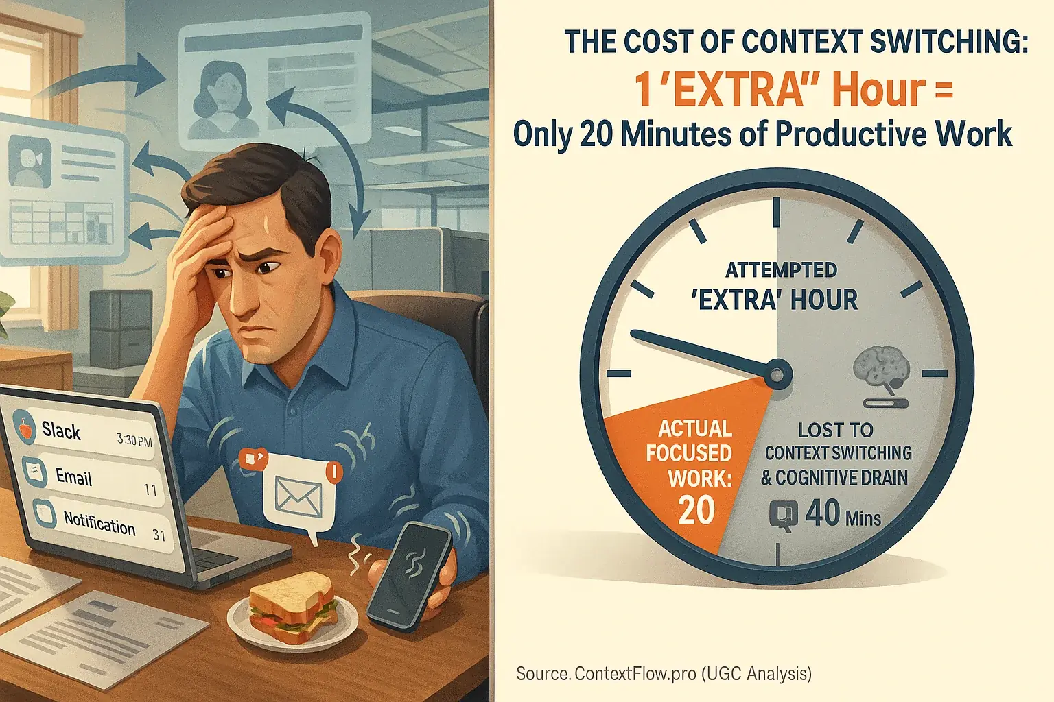 Infographic visualizing context switching's cost: distracted worker, fragmented time, reduced output, lost productive hours.