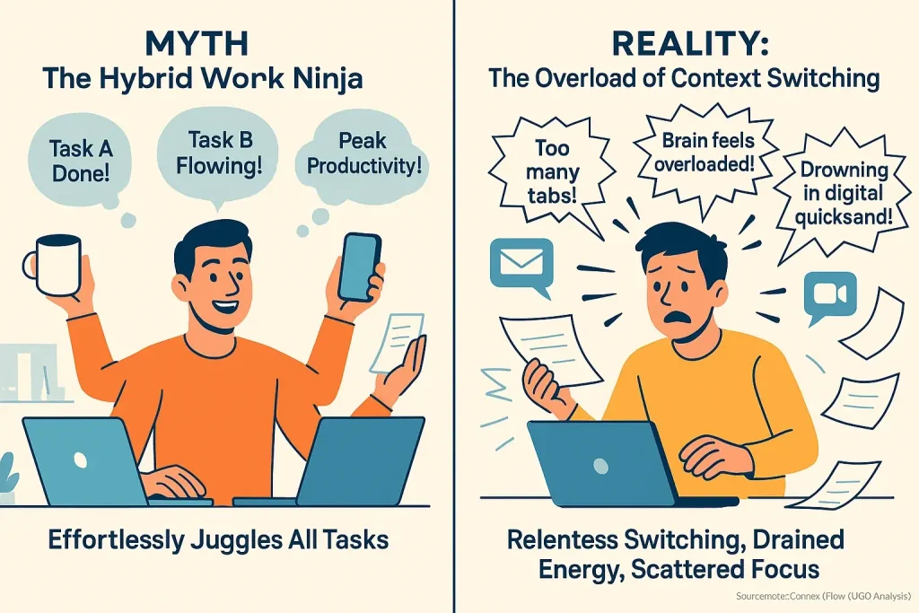 Infographic: Overwhelmed hybrid worker juggling tasks, visually showing fragmented ideas & the myth vs. reality of
