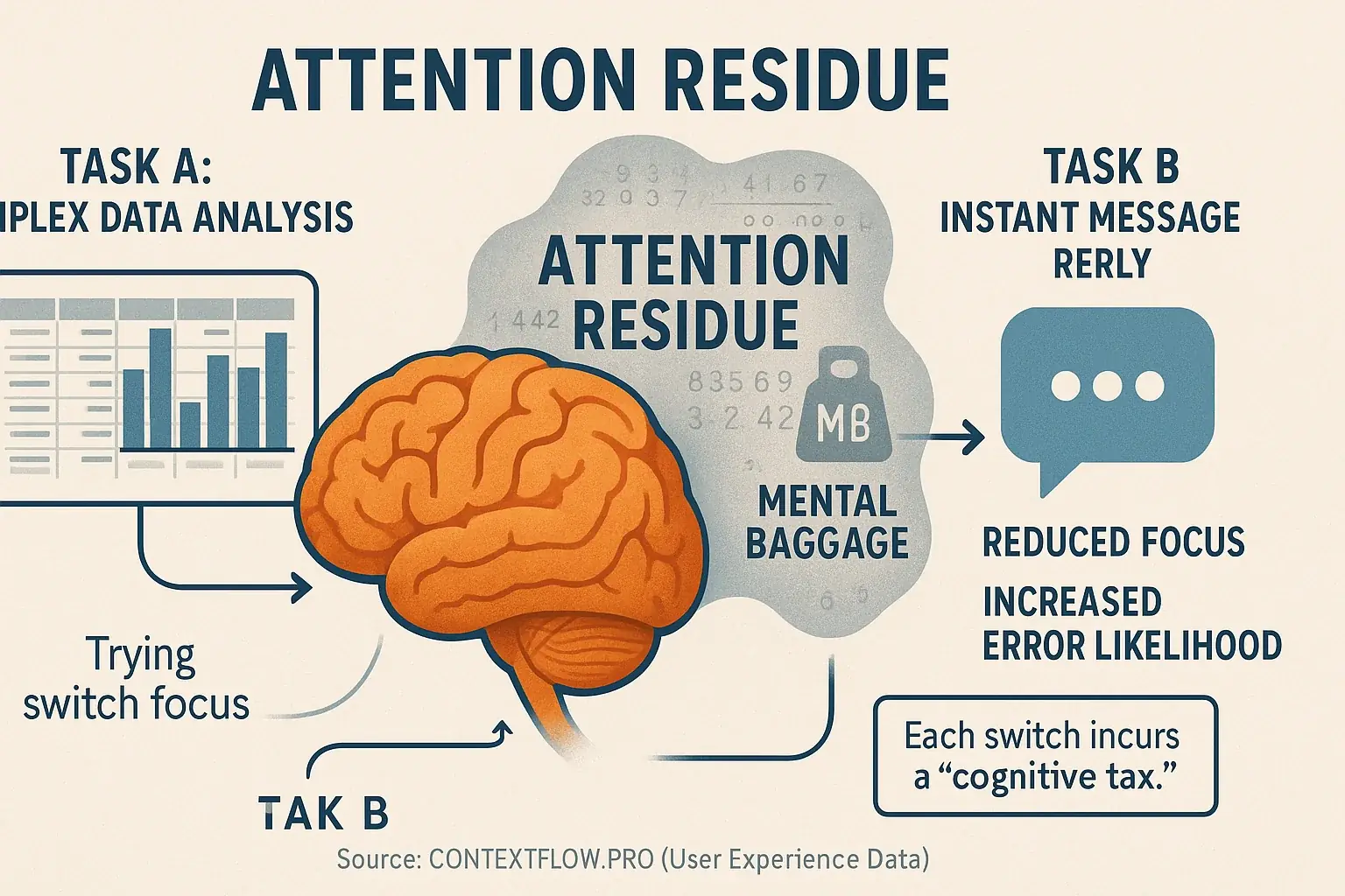 Brain depicted with &#x27;mental baggage&#x27; from a prior task, illustrating attention residue&#x27;s cognitive cost from task jumps.