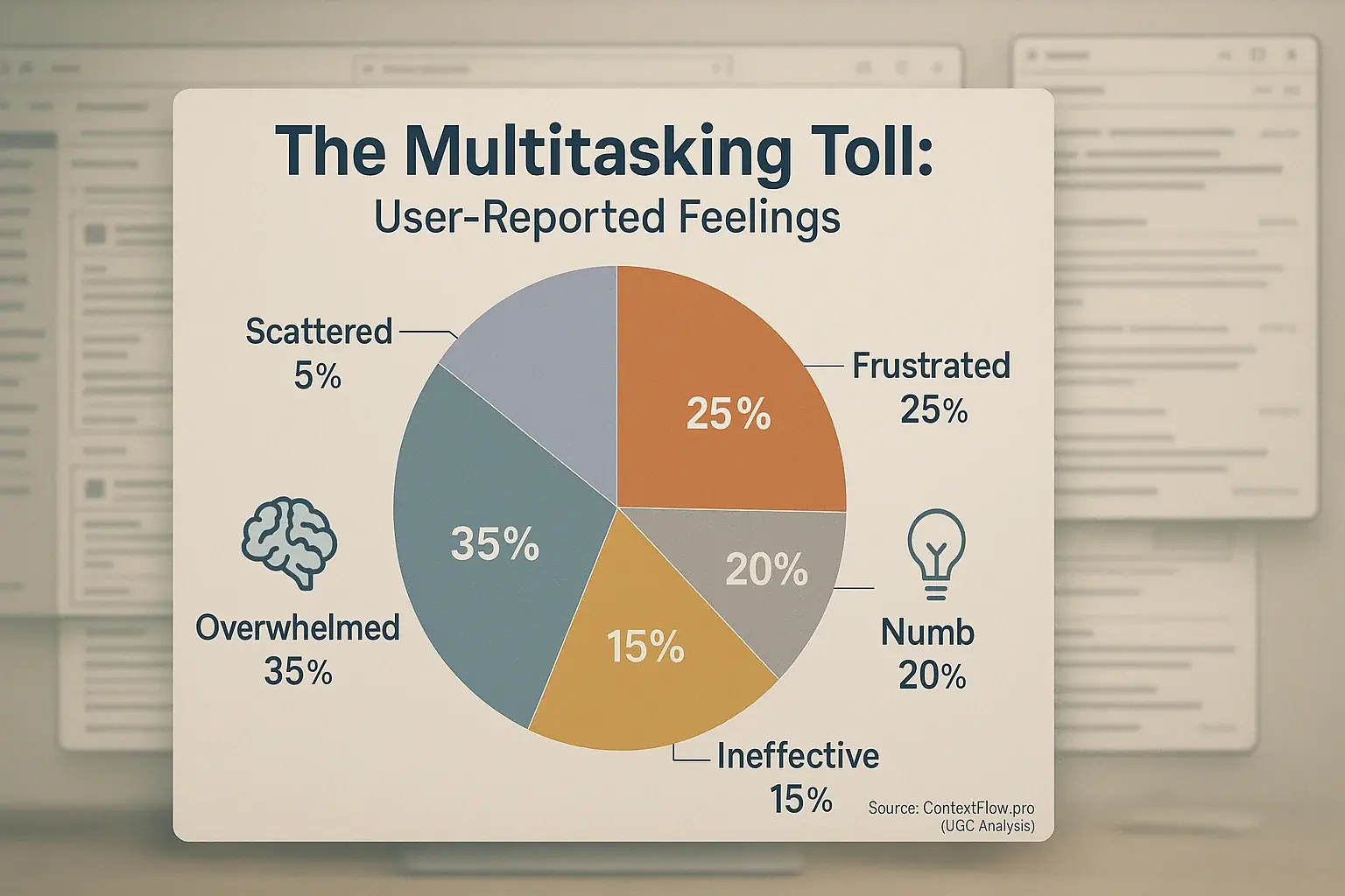 Pie chart: Hybrid work multitasking causes user-reported feelings like &#x27;scattered&#x27;, &#x27;overwhelmed&#x27;, &#x27;frustrated&#x27;.