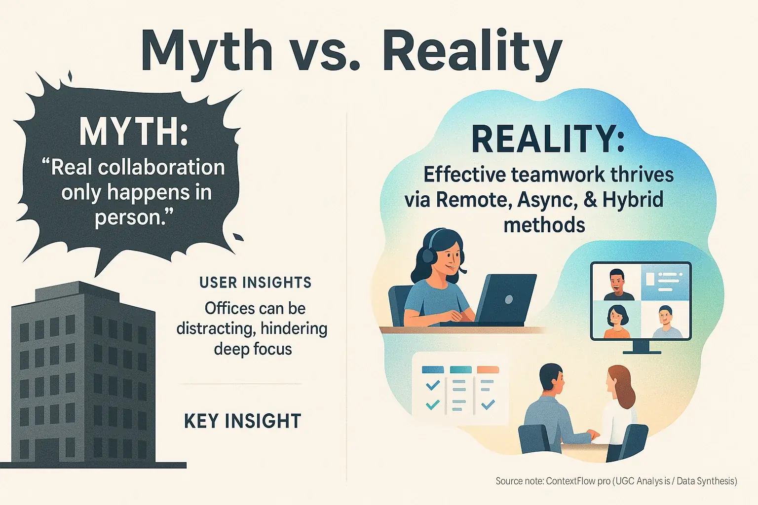Myth vs. Reality infographic: Office collaboration myth pops; user insights show diverse remote/hybrid methods work.