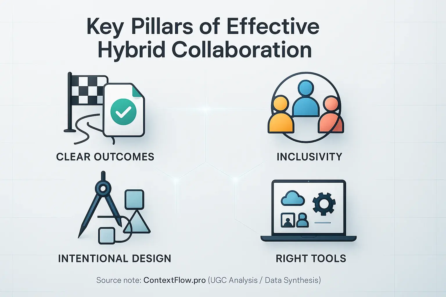 Infographic: Pillars of effective hybrid collaboration—Inclusivity, Intentional Design, Clear Outcomes, Right