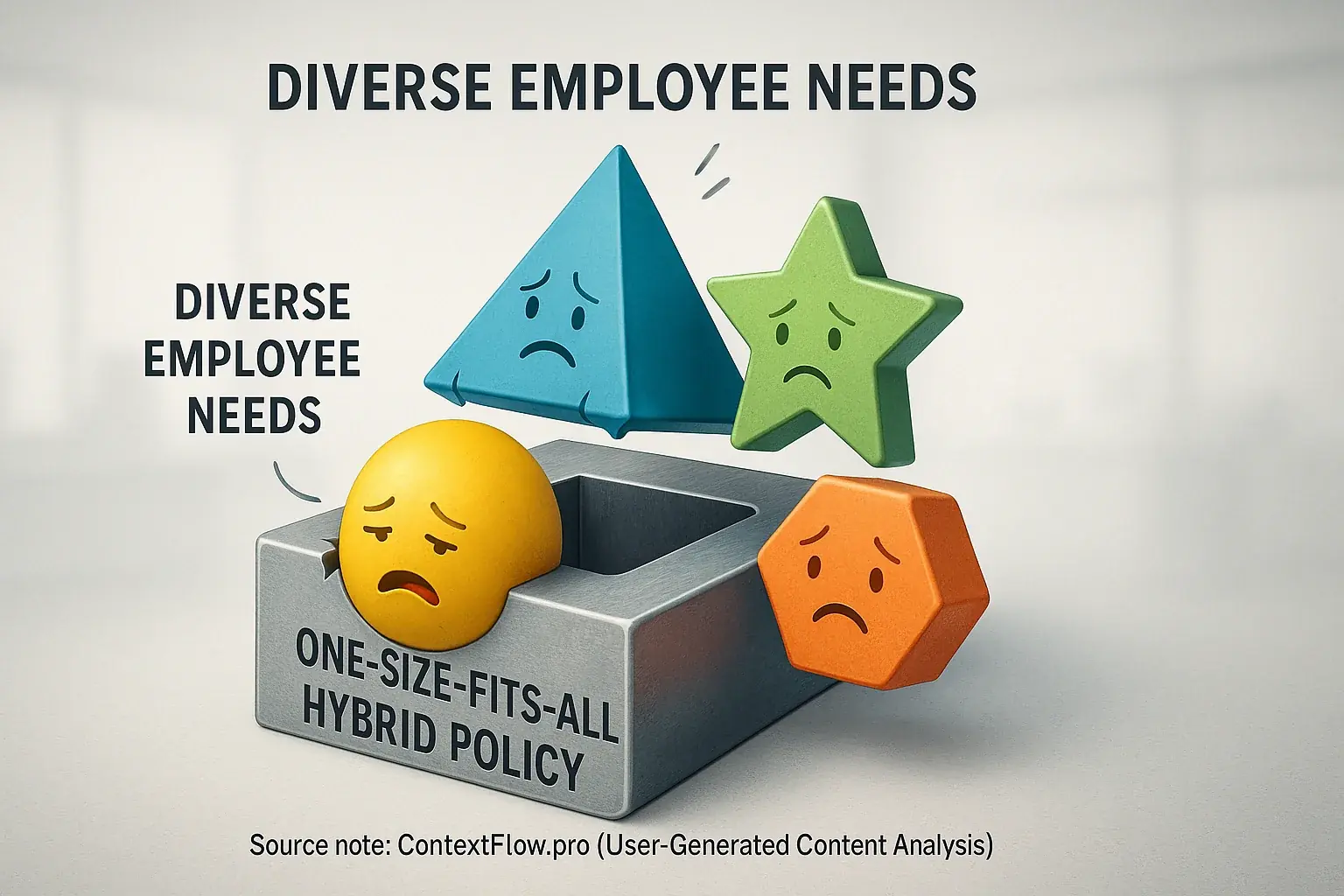 Infographic: Diverse shapes (employees) can't fit square 'Rigid Policy' hole, proving one-size-fits-all fails diverse needs.