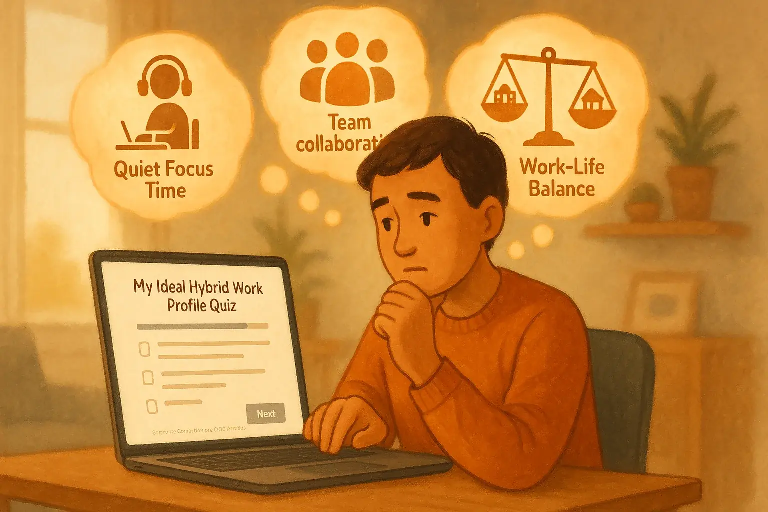 User on laptop takes quiz, with thought bubbles on hybrid work scenarios, to build their ideal personalized policy.