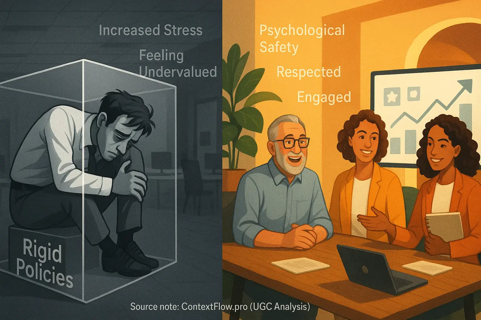 Diverse people thrive in personalized, flexible settings, unlike an unhappy figure confined by a rigid, impersonal box.