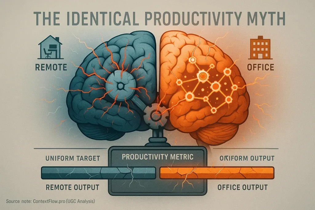 Conceptual brain, split remote/office, shows stress lines & 'myth' overlay, debunking identical hybrid productivity.