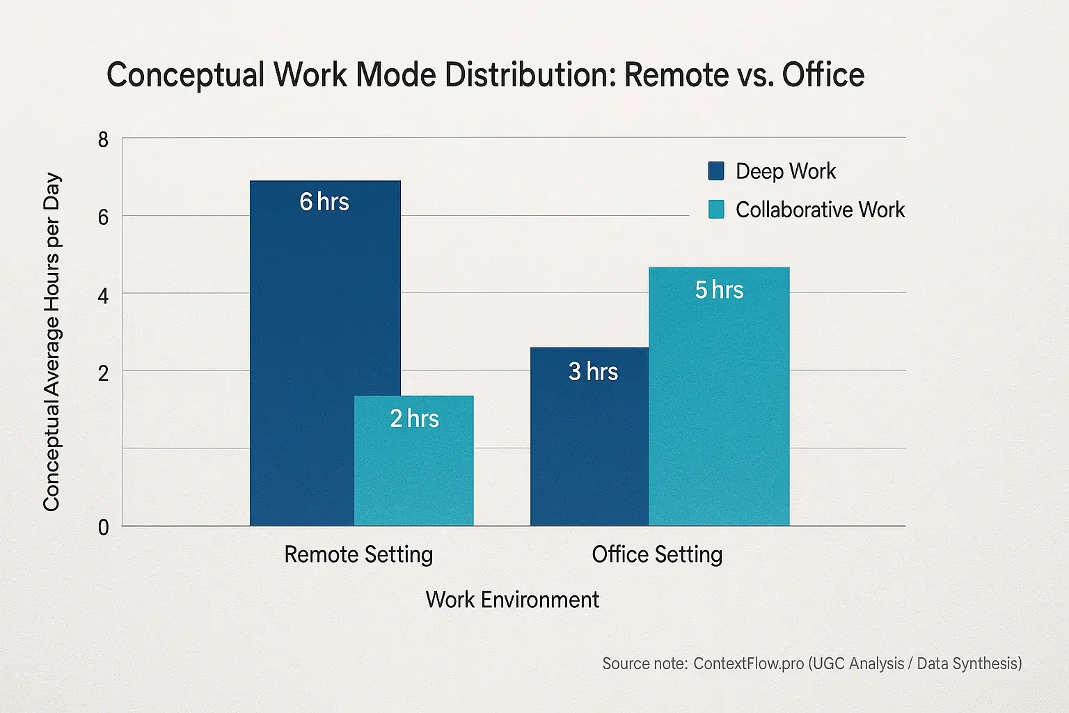 Bar chart: User-reported work rhythms shift—more deep work remotely, more collaboration in office.
