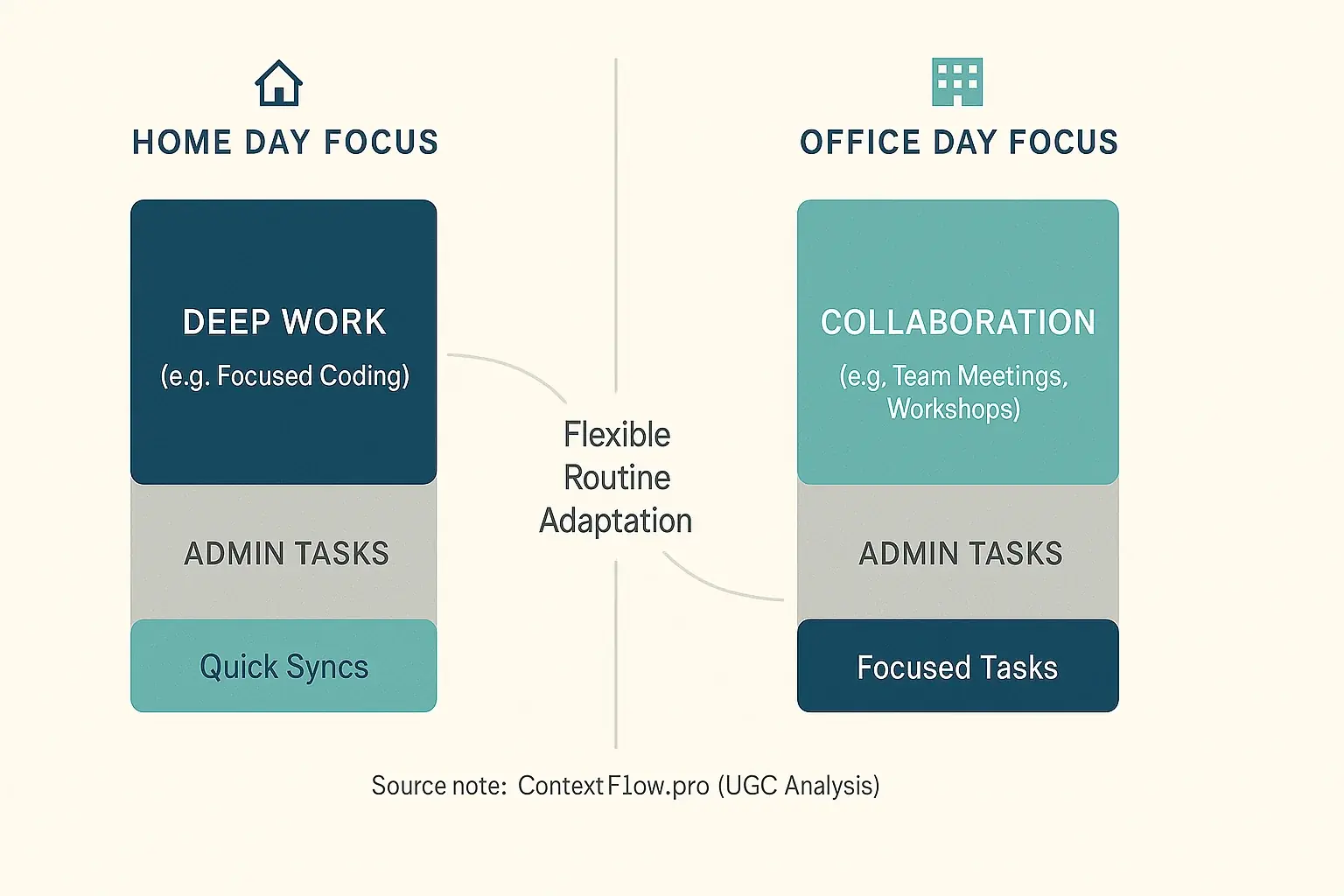A flexible hybrid routine illustrated with colored blocks for deep work, collaboration, admin, adapted for home & office