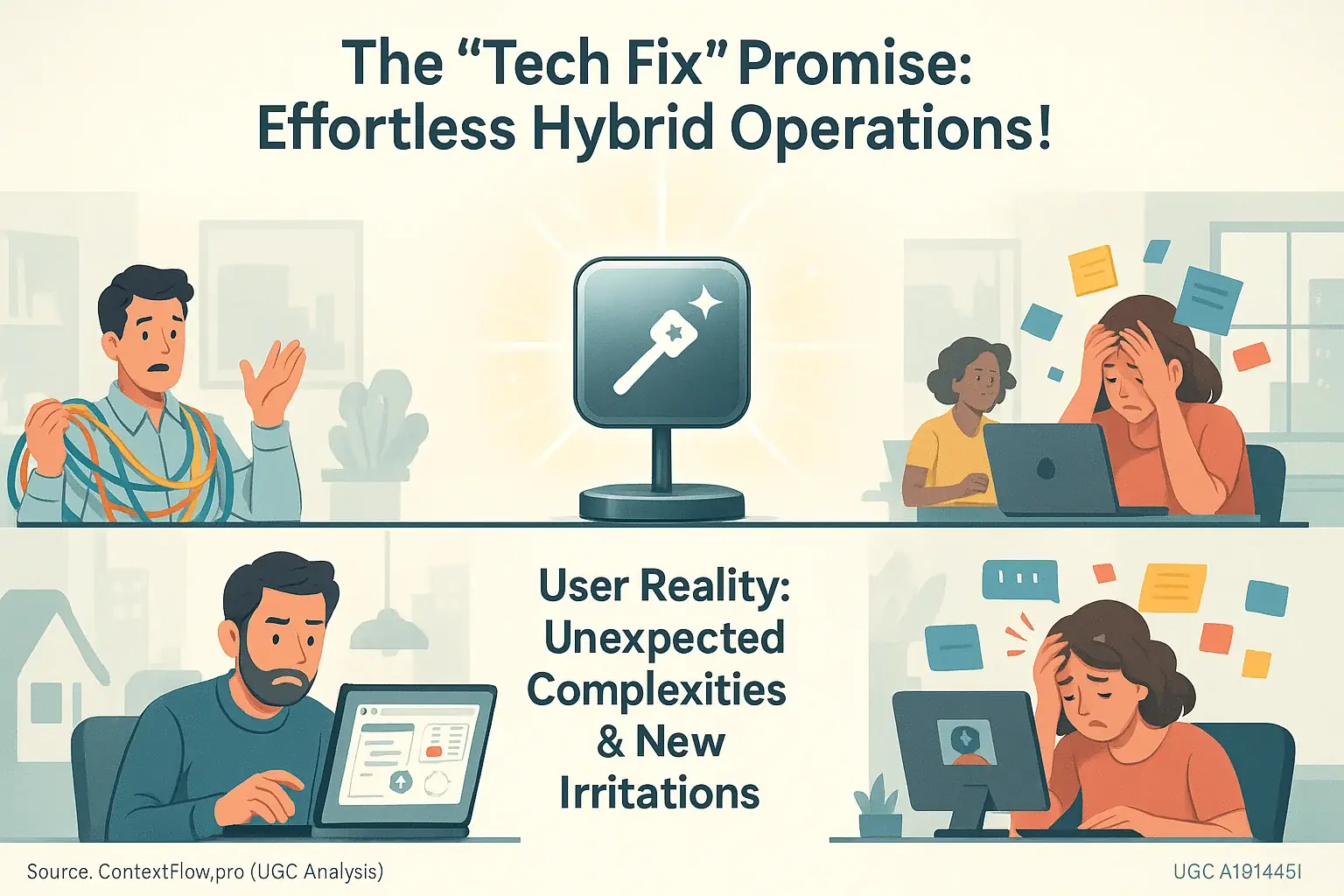 Infographic: Shiny &#x27;magic wand&#x27; tech tool for hybrid work; users struggle with tangled wires, exposing the &#x27;tech fix&#x27; allure.