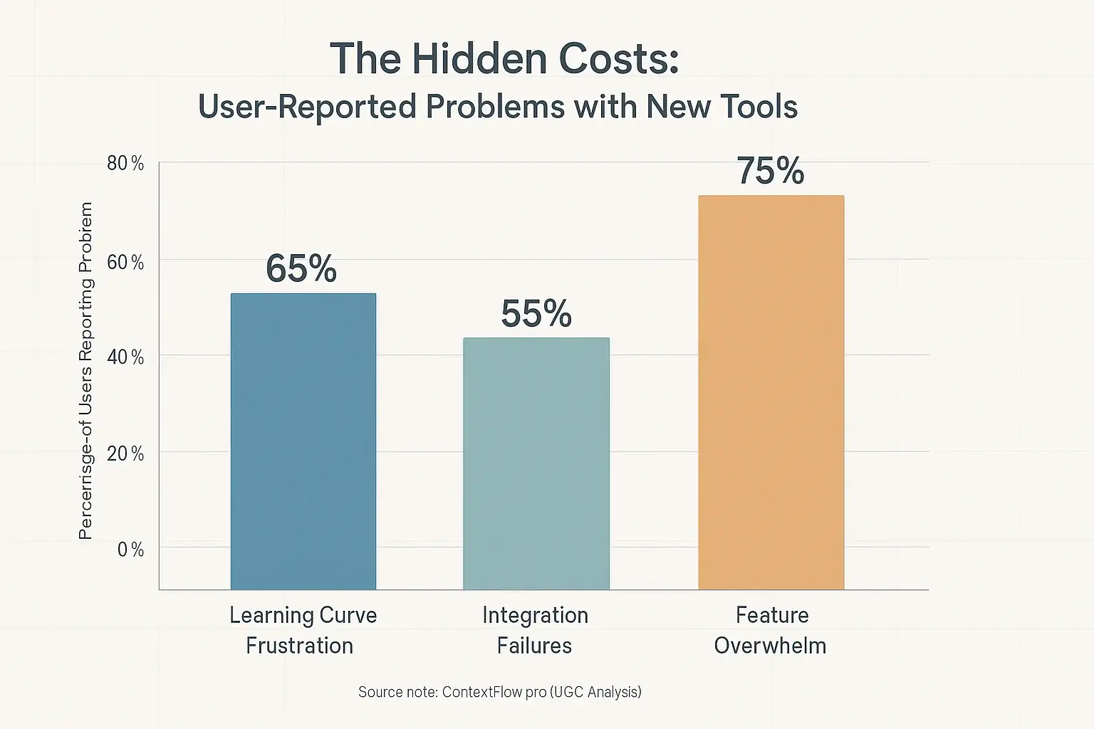 Bar chart: User-reported hidden costs of hybrid tools: Learning Curve Frustration, Integration Failures, Feature Overwhelm.