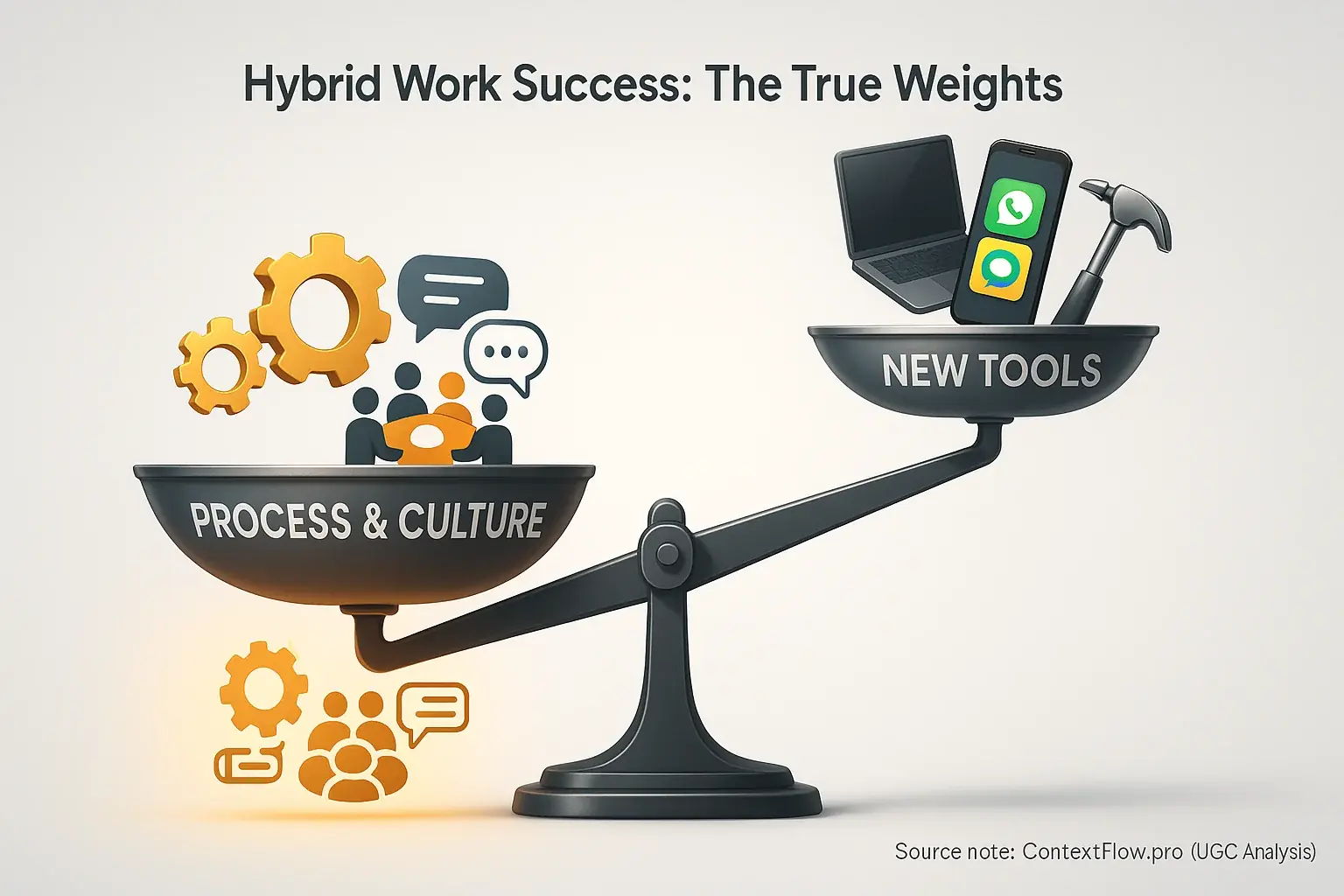 Infographic scale: &#x27;Process &amp; Culture&#x27; icons heavily outweigh &#x27;New Tools&#x27; icons, showing greater hybrid work impact.