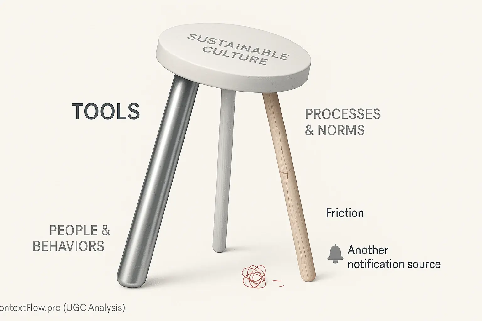 Tilting 3-legged stool infographic: oversized 'Tools' leg unbalances 'People' & 'Processes', showing tech-led instability.
