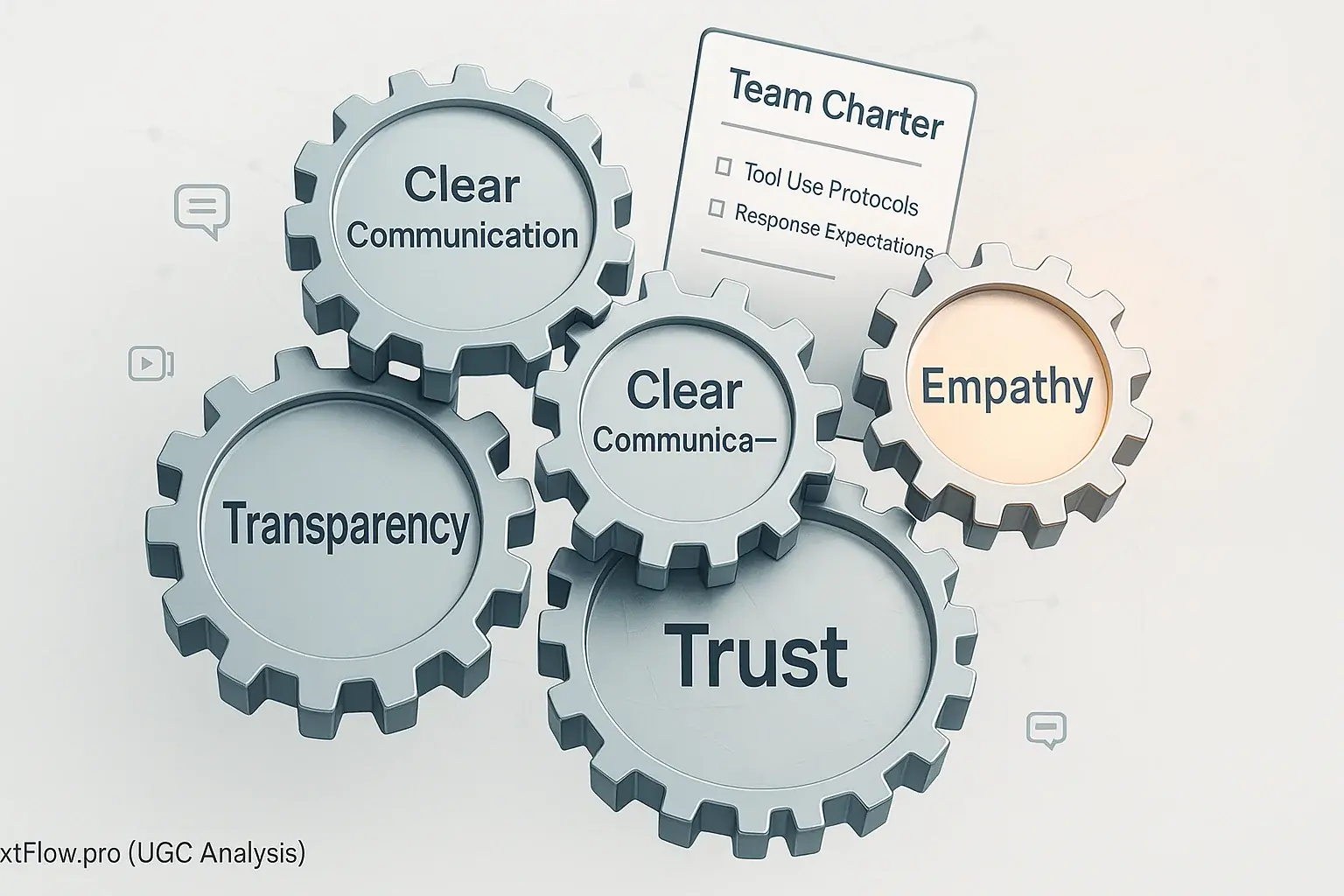 Interconnected gears show key cultural principles (Trust, Transparency, Empathy) building a thriving hybrid culture.