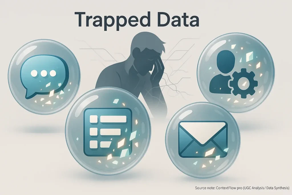 Fragmented data trapped in tool icon bubbles (chat, CRM) frustrates user, illustrating hybrid workflow inefficiency.