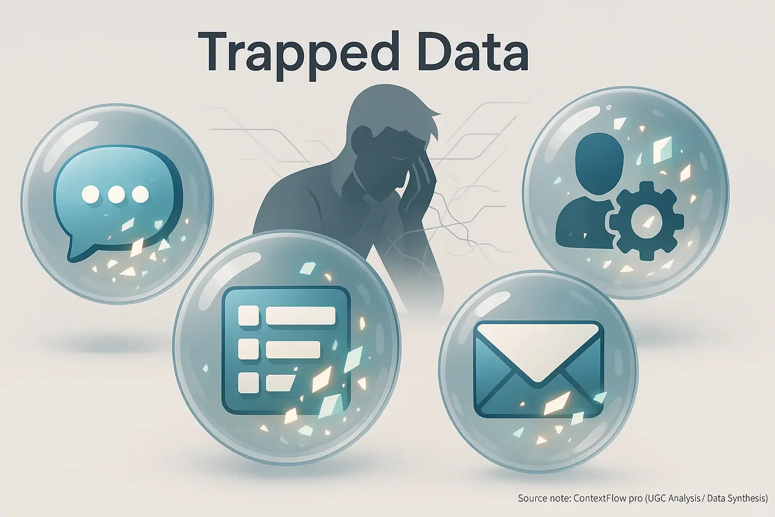 Fragmented data trapped in tool icon bubbles (chat, CRM) frustrates user, illustrating hybrid workflow inefficiency.