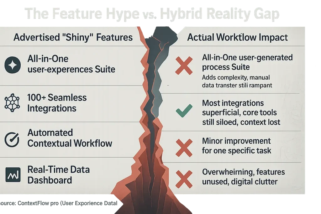Infographic: 'Features' column (many checks) vs. 'Workflow Impact' (fewer checks/X's) visualizes the gap in hybrid tool