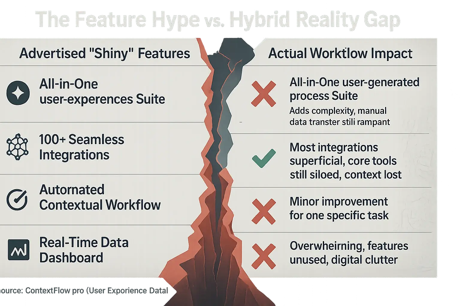 Infographic: 'Features' column (many checks) vs. 'Workflow Impact' (fewer checks/X's) visualizes the gap in hybrid tool