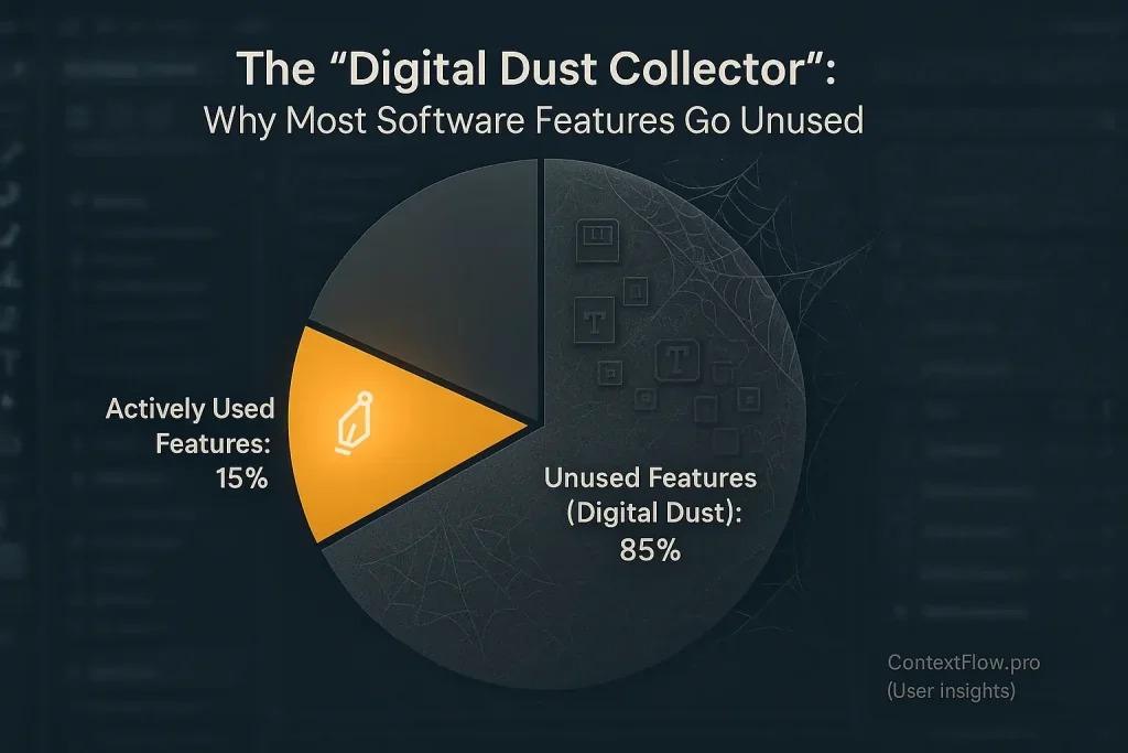 Pie chart illustrating 'digital dust collectors': a large slice shows the vast majority of hybrid work tool features go