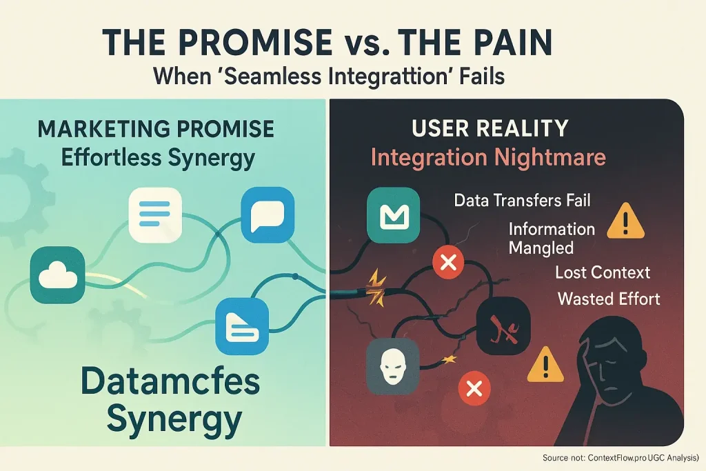 Infographic: Smooth marketing lines for 'seamless integration' clash with tangled lines of users' frustrating nightmare.