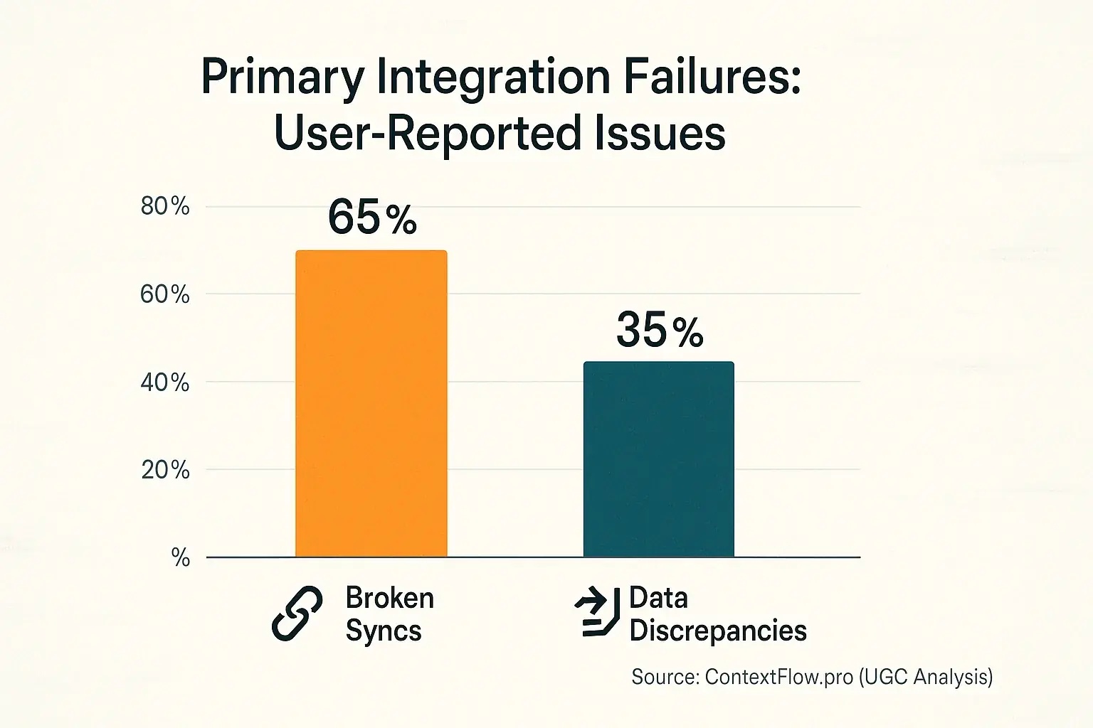 Bar chart: Broken syncs (60%) vs. data discrepancies (40%) as primary workflow integration saboteurs.